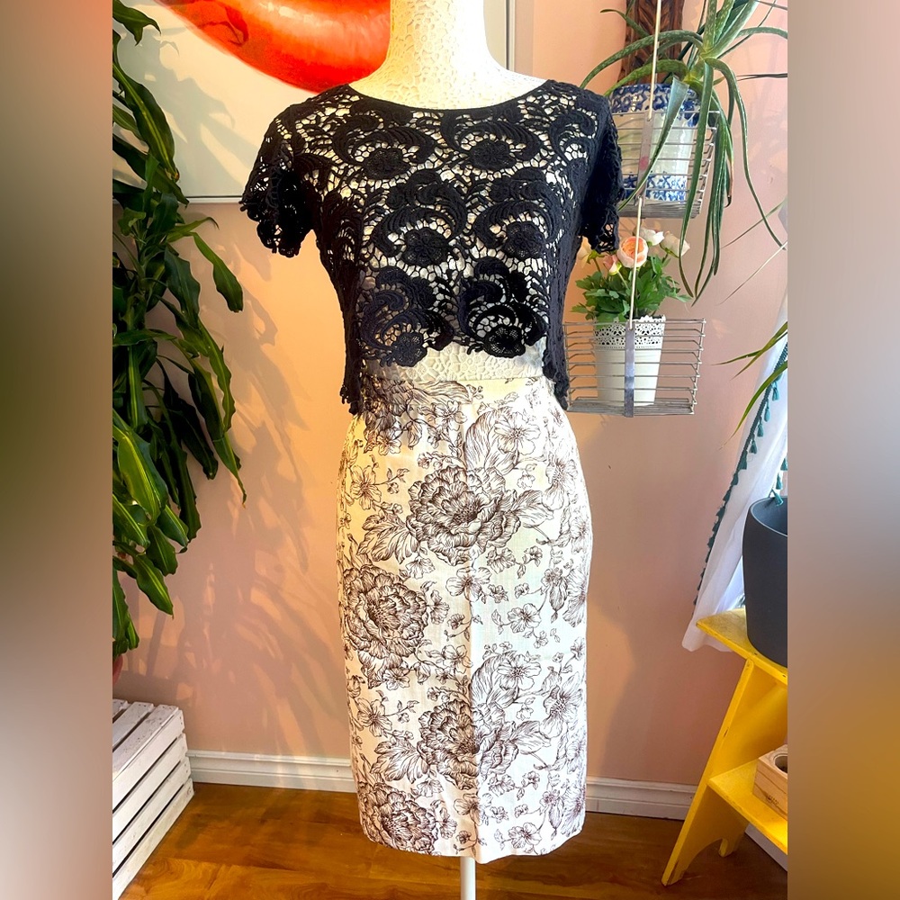 Vintage Rhodes California Off White & Brown Floral Print Pencil Skirt, Sz Medium